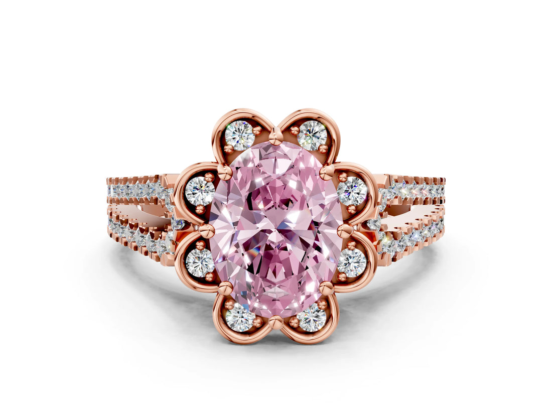 Rose gold Fancy Pink Oval  Halo Diamond Floral Split Shank Engagement Ring 1
