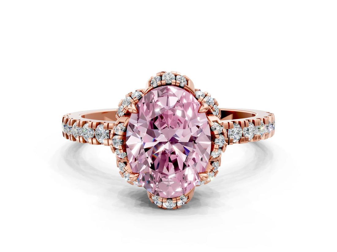 Rose gold Fancy Pink Oval  Halo Diamond Pave Band Ring with Four-Prong Setting_15