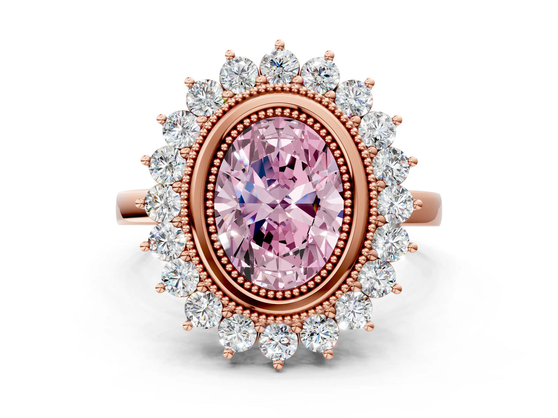 Rose gold Fancy Pink Oval  Halo Diamond Ring with Milgrain Edge and Round Prong Setting_26