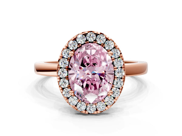 Rose gold Fancy Pink Oval  Halo Diamond Solitaire with Pavé Band and Four-Prong Setting