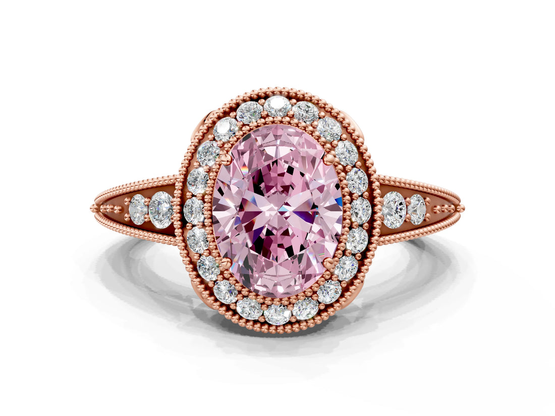 Rose gold Fancy Pink Oval  Halo Diamond Split Shank Ring with Milgrain Detail_49
