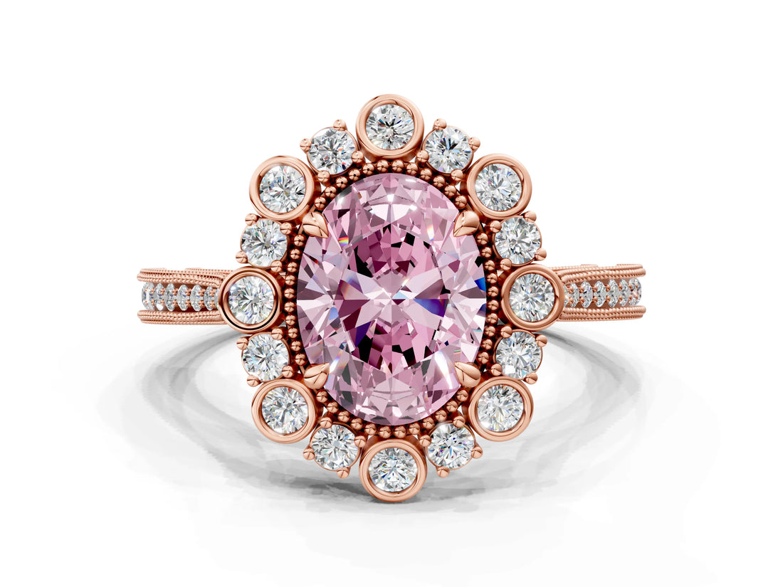 Rose gold Fancy Pink Oval  Halo Milgrain Pave Diamond Ring with Four-Prong Setting