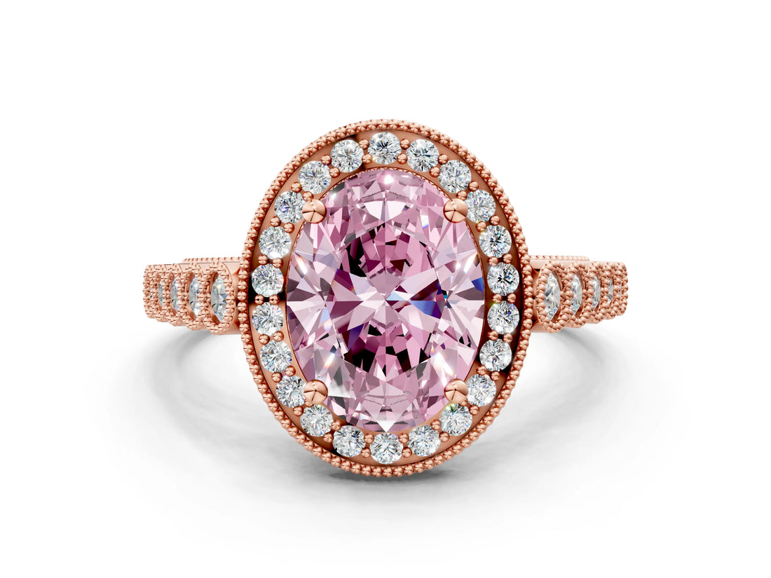 Rose gold Fancy Pink Oval  Halo Milgrain Solitaire with Bezel Set Side Stones and Pave Band_37