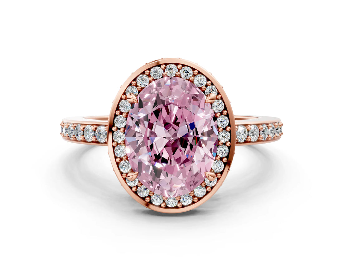 Rose gold Fancy Pink Oval  Halo Pave Band Solitaire Ring with Prong Setting_66