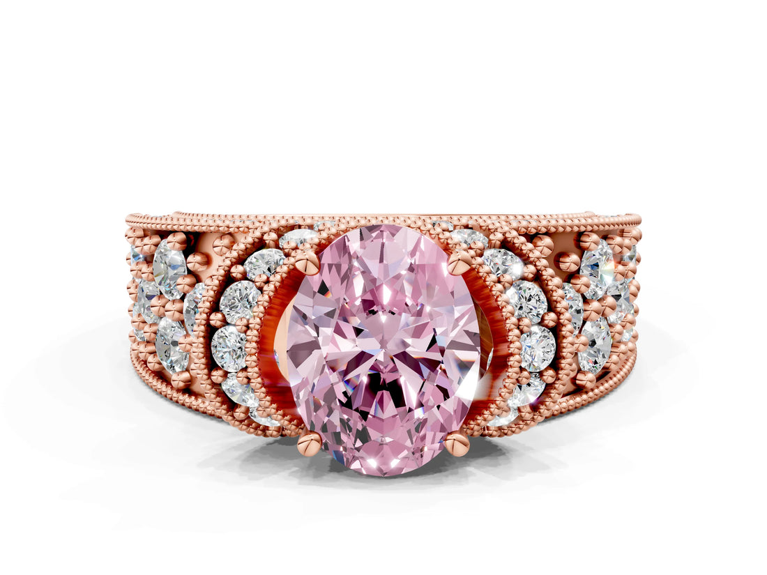 Rose gold Fancy Pink Oval  Halo Pave Diamond Engagement Ring with Milgrain Detailing_47