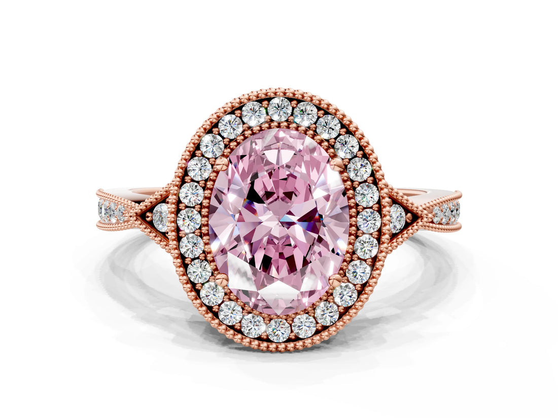 Rose gold Fancy Pink Oval  Halo Round Diamond Milgrain Pave Engagement Ring_3