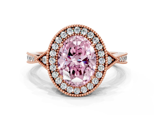 Rose gold Fancy Pink Oval  Halo Round Diamond Milgrain Pave Engagement Ring