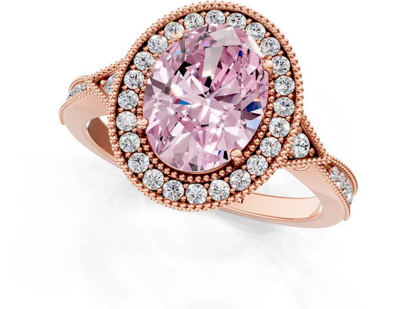 Rose gold Fancy Pink Oval  Halo Round Diamond Milgrain Pave Engagement Ring