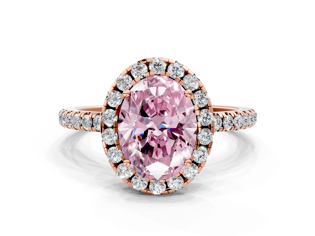 Rose gold Fancy Pink Oval  Halo Round Diamond Pavé Band Four-Prong Ring_3