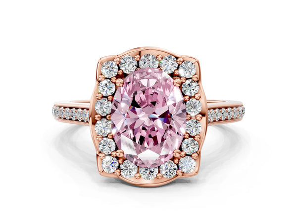 Rose gold Fancy Pink Oval  Halo Round Diamond Pave Band with Four-Prong Setting