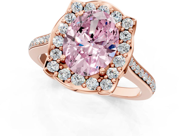 Rose gold Fancy Pink Oval  Halo Round Diamond Pave Band with Four-Prong Setting