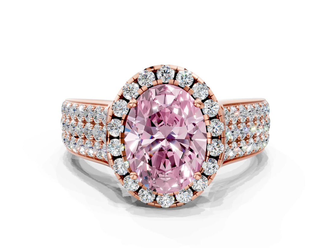 Rose gold Fancy Pink Oval  Halo Round Diamond Pave Band with Prong Setting 1