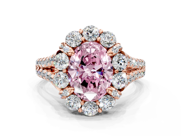Rose gold Fancy Pink Oval  Halo Split Shank Diamond Engagement Ring with Pave Band and Four-Prong Setting