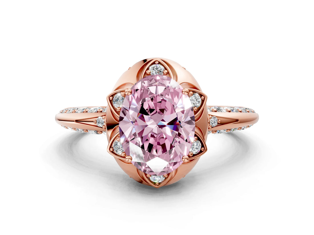 Rose gold Fancy Pink Oval  Halo Split Shank Pave Diamond Ring with Petal Prong Setting_19