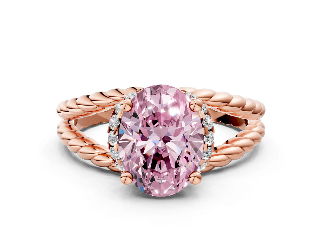 Rose gold Fancy Pink Oval  Halo Twisted Band Four-Prong Ring_28