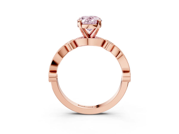 Rose Gold Oval Solitaire Engagement Ring Setting for Fancy Pink Center with Milgrain Bezel Accents