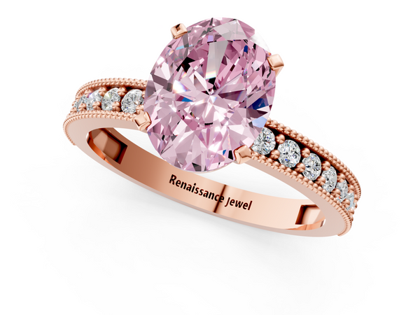 Rose gold Fancy Pink Oval Cut Diamond Milgrain Pavé Engagement Ring with Four-Prong Setting