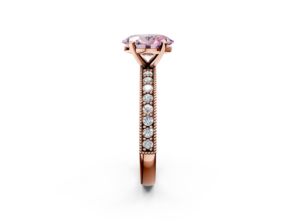 Rose gold Fancy Pink Oval Cut Diamond Milgrain Pavé Engagement Ring with Four-Prong Setting