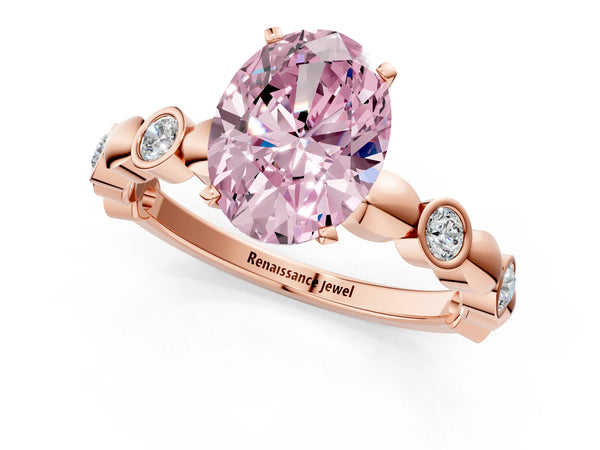 Rose gold Fancy Pink Oval  Solitaire Bezel-Set Diamond Ring with Beaded Band and Four-Prong Setting