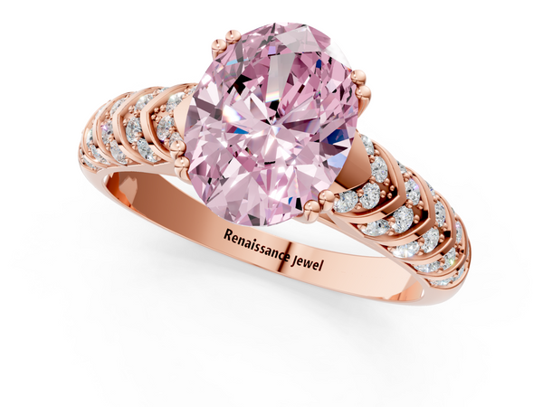 Rose gold Fancy Pink Oval  Solitaire Chevron Pave Diamond Engagement Ring with Six-Prong Setting
