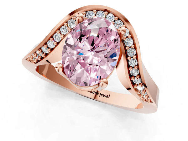 Rose gold Fancy Pink Oval  Solitaire Diamond Engagement Ring with Pave Band and Four-Prong Setting