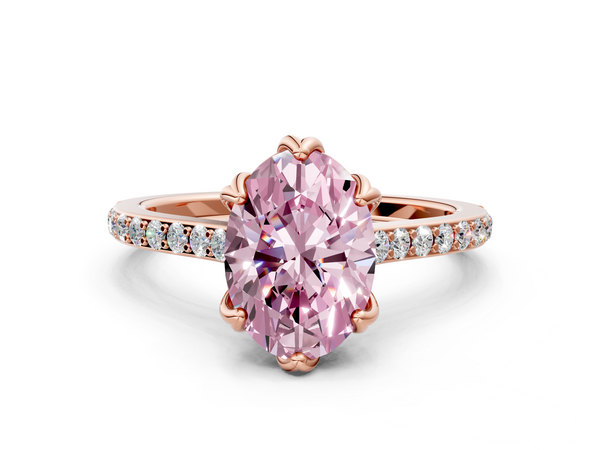 Rose gold Fancy Pink Oval  Solitaire Diamond Engagement Ring with Pave Band and Six-Prong Setting