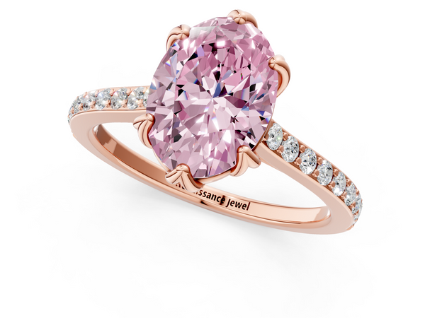 Rose gold Fancy Pink Oval  Solitaire Diamond Engagement Ring with Pave Band and Six-Prong Setting