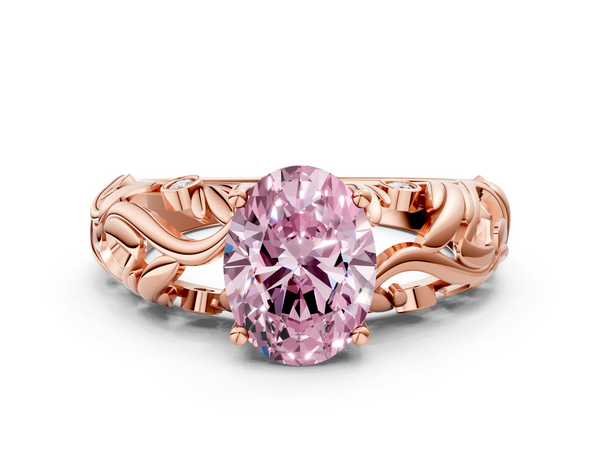 Rose gold Fancy Pink Oval Cut Solitaire Diamond Leaf-Inspired Vine Band Ring with Prong Setting
