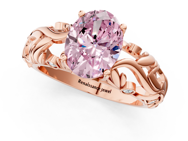 Rose gold Fancy Pink Oval Cut Solitaire Diamond Leaf-Inspired Vine Band Ring with Prong Setting