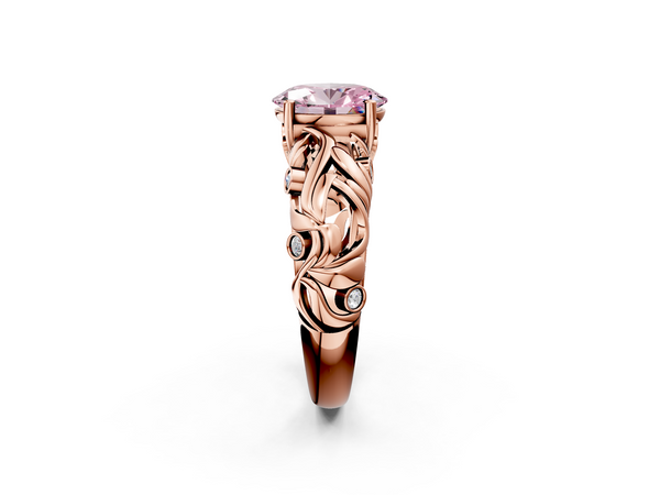 Rose gold Fancy Pink Oval Cut Solitaire Diamond Leaf-Inspired Vine Band Ring with Prong Setting