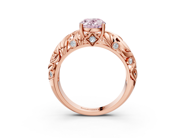 Rose gold Fancy Pink Oval Cut Solitaire Diamond Leaf-Inspired Vine Band Ring with Prong Setting