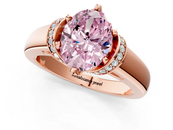 Rose gold Fancy Pink Oval  Solitaire Diamond Ring with Pave Band and Six-Prong Setting
