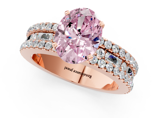Rose gold Fancy Pink Oval Cut Diamond Solitaire Ring with Pavé and Channel Set Band