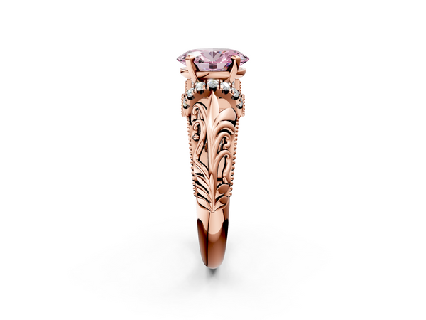 Rose gold Fancy Pink Oval  Solitaire Filigree Engagement Ring with Halo and Prong Setting