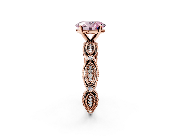Rose gold Fancy Pink Oval  Solitaire Milgrain Diamond Engagement Ring with Bezel and Marquise Band
