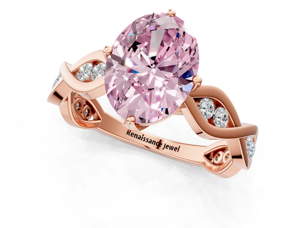 Rose gold Fancy Pink Oval  Solitaire Twist Band with Leaf Prong Setting