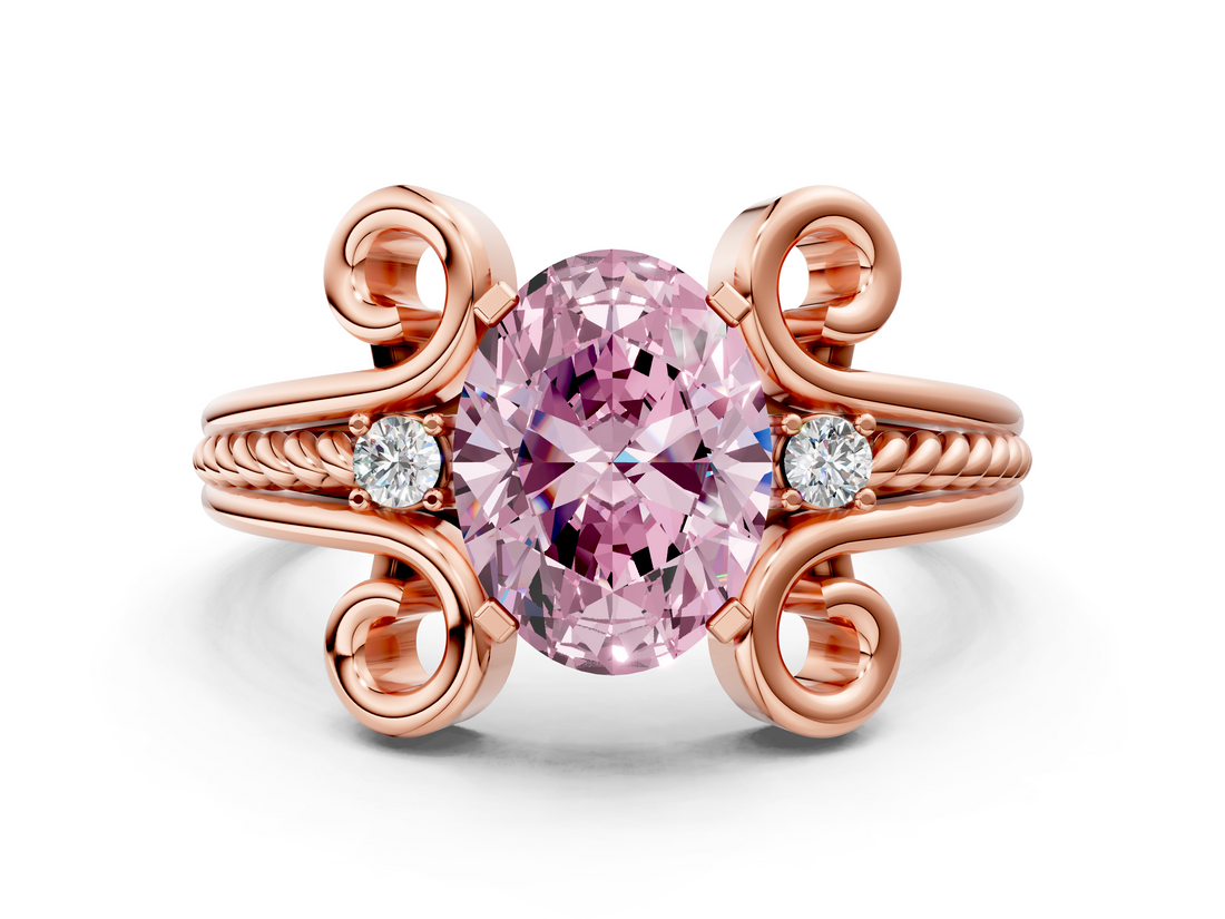 Rose gold Fancy Pink Oval  Solitaire Twisted Band Scroll Prong Ring_25