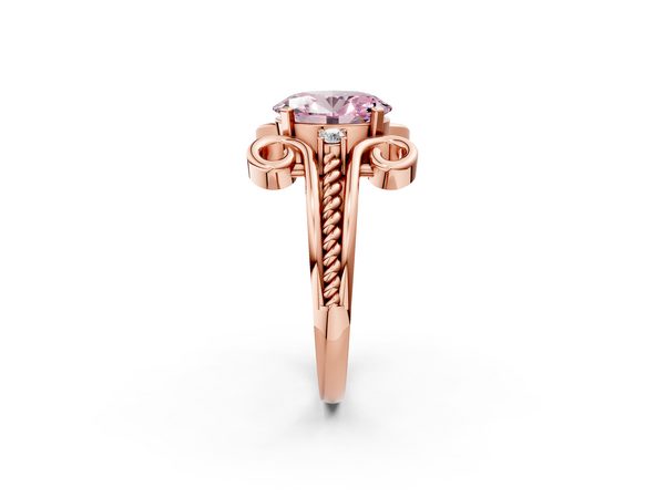 Rose gold Fancy Pink Oval  Solitaire Twisted Band Scroll Prong Ring
