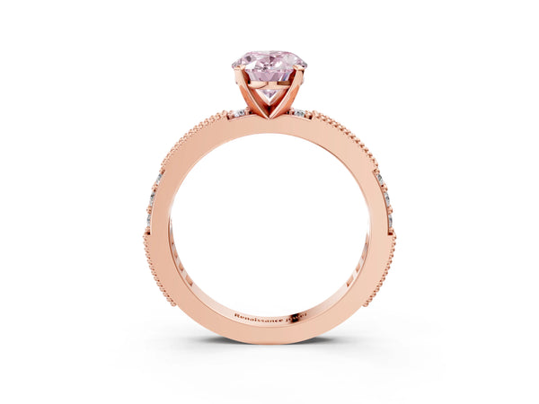 Rose Gold Oval Solitaire Engagement Ring Setting for Fancy Pink Center with Milgrain Pave Band
