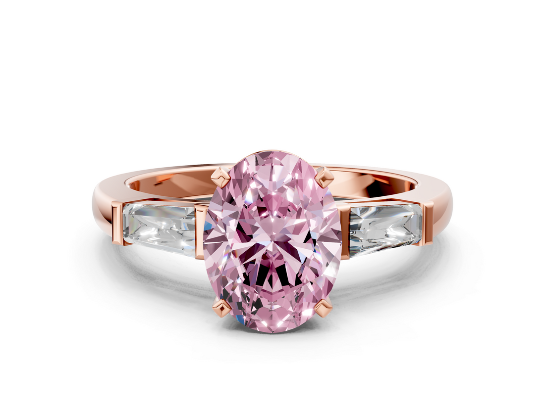 Rose gold Fancy Pink Oval  Solitaire with Tapered Baguette Side Stones on a Classic Band with Four-Prong Setting_112