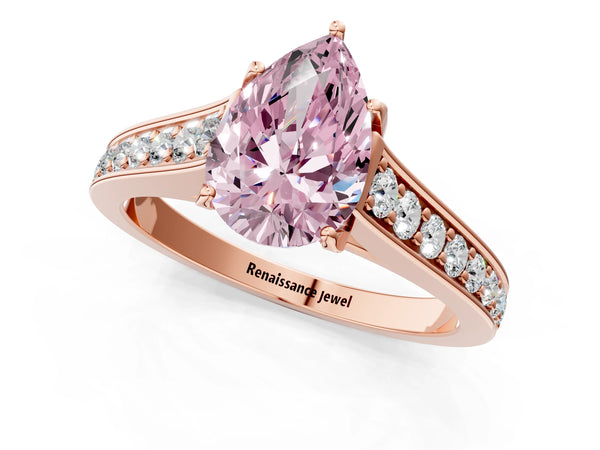 Rose gold Fancy Pink Pear  Brilliant Cut Diamond Engagement Ring with Pavé Band and Four-Prong Setting