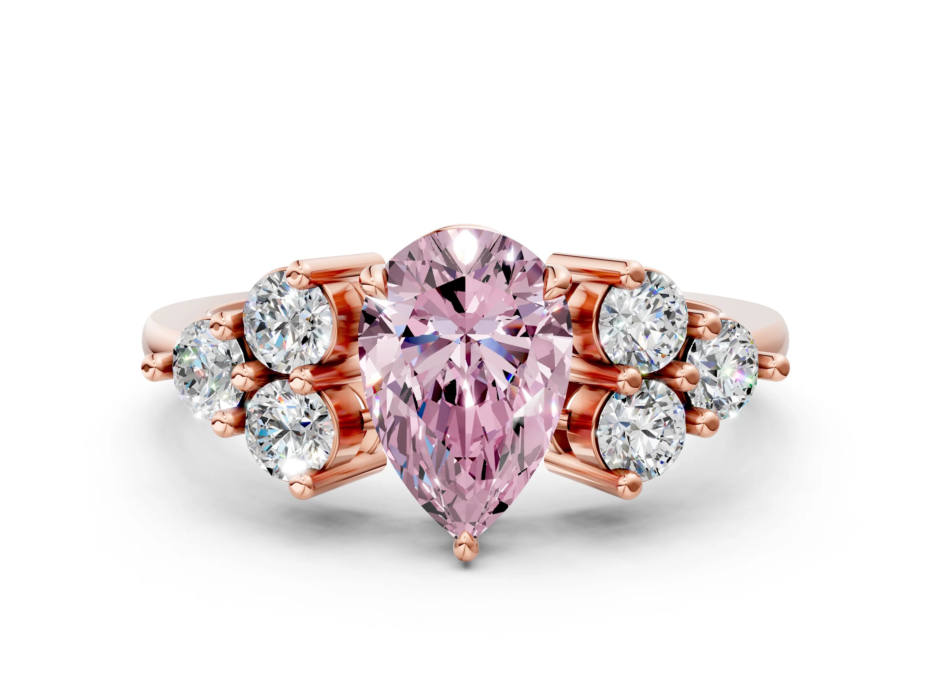 Rose gold Fancy Pink Pear Cut Brilliant Diamond Cluster Accent Solitaire Ring with Prong Setting