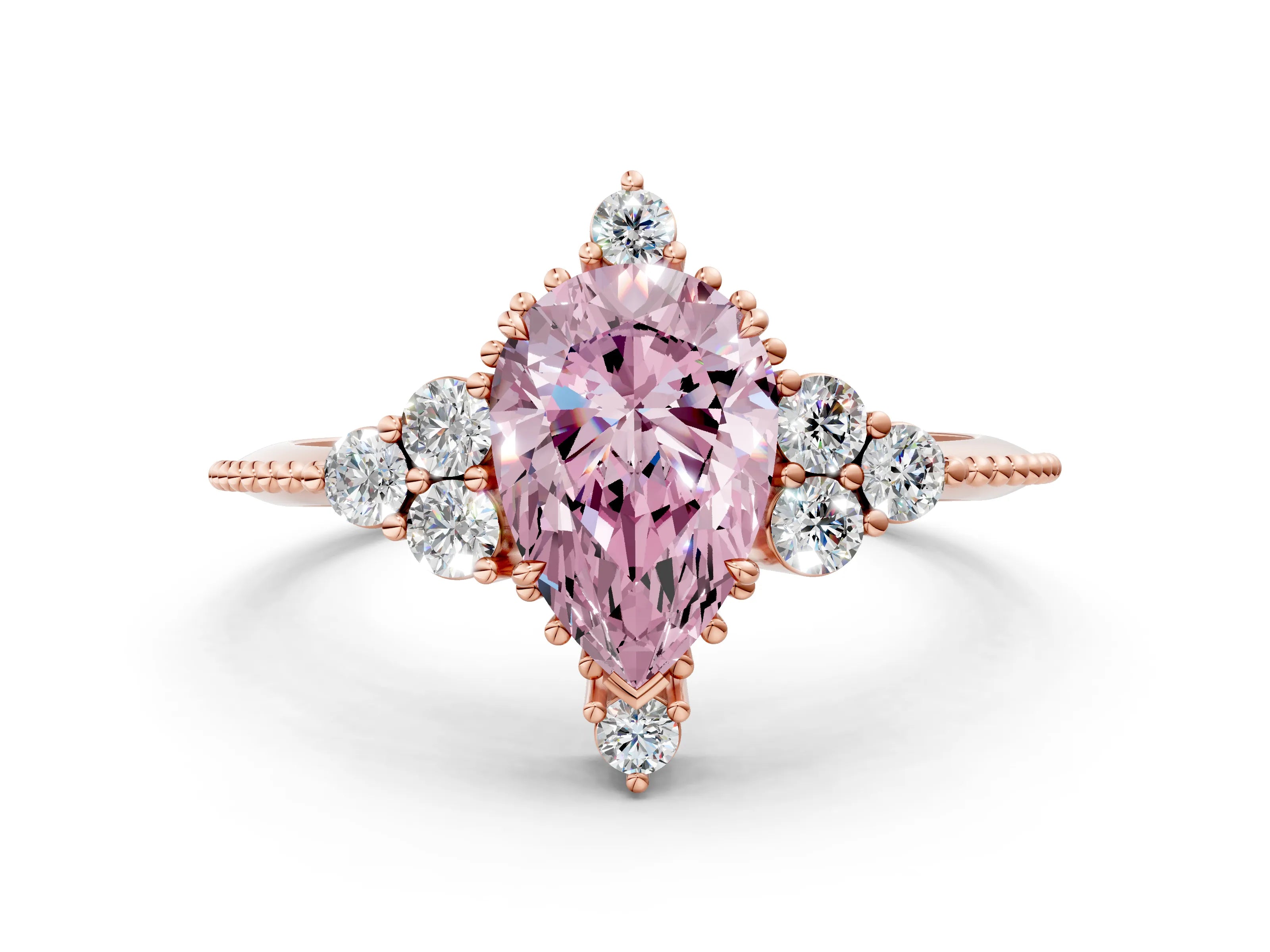 Rose gold Fancy Pink Pear Cut Brilliant Diamond with Cluster Setting on a Beaded Band and Four-Prong Setting