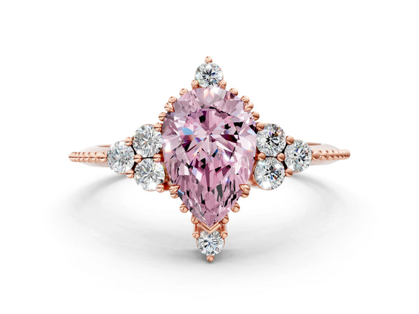 Rose gold Fancy Pink Pear Cut Brilliant Diamond with Cluster Setting on a Beaded Band and Four-Prong Setting