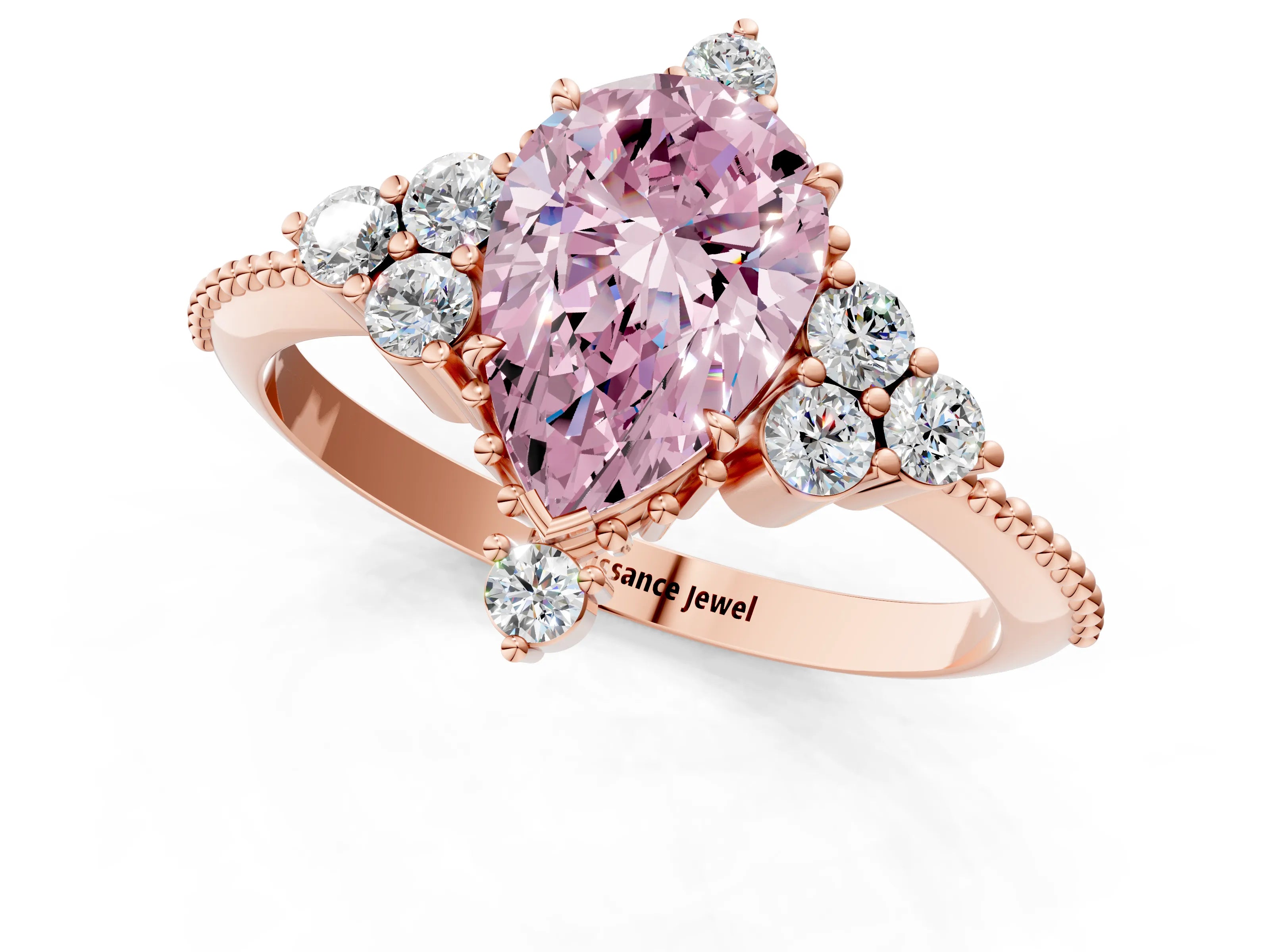Rose gold Fancy Pink Pear Cut Brilliant Diamond with Cluster Setting on a Beaded Band and Four-Prong Setting_1