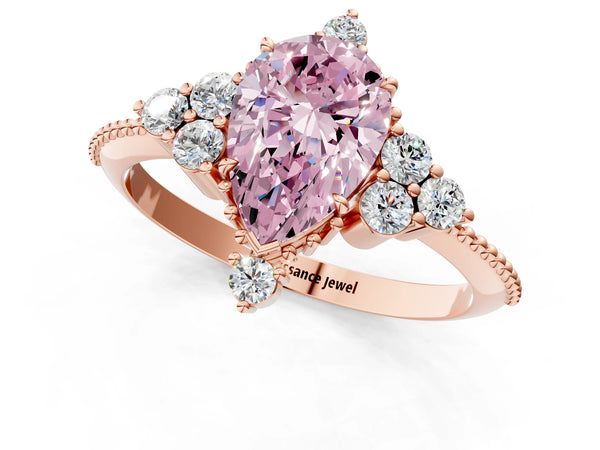 Rose gold Fancy Pink Pear Cut Brilliant Diamond with Cluster Setting on a Beaded Band and Four-Prong Setting