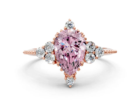 Rose gold Fancy Pink Pear Cut Brilliant Diamond with Cluster Setting on a Beaded Band and Four-Prong Setting