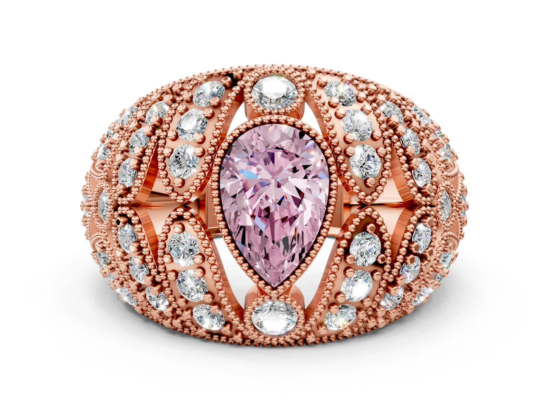 Rose gold Fancy Pink Pear Cut Brilliant Halo Pave Diamond Milgrain Ring