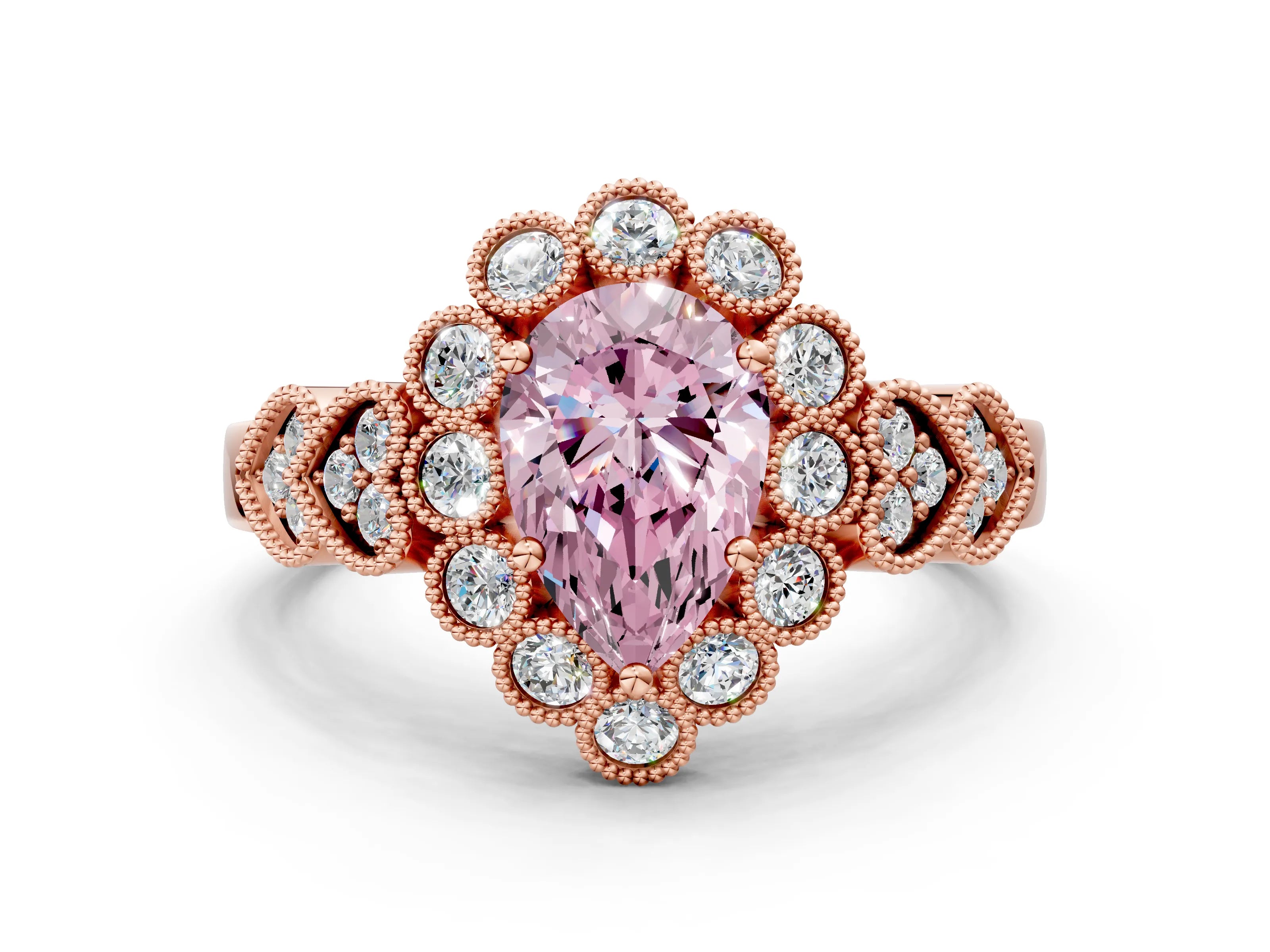 Rose gold Fancy Pink Pear Cut Brilliant Milgrain Pave Heart Band Solitaire Ring