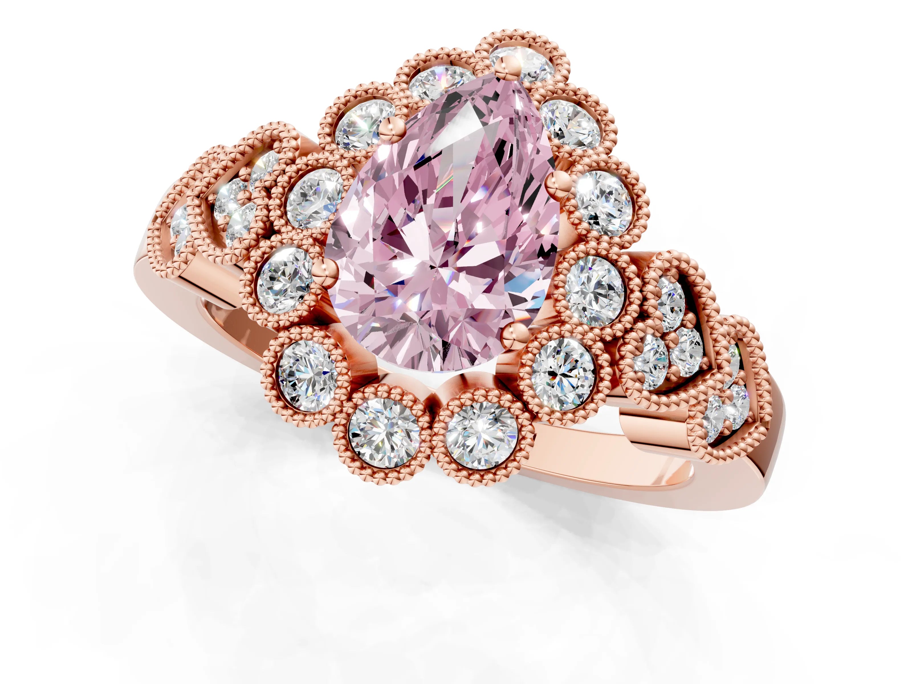 Rose gold Fancy Pink Pear Cut Brilliant Milgrain Pave Heart Band Solitaire Ring_1